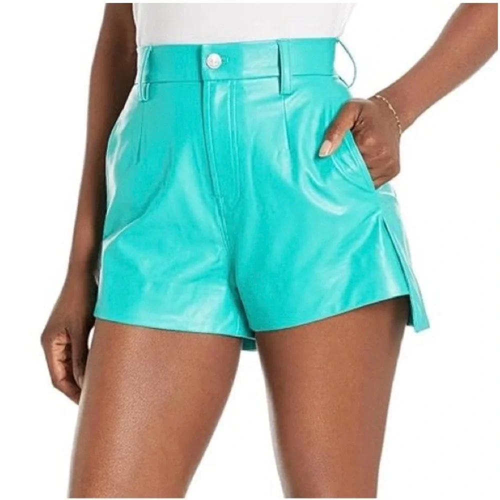 7 For All Mankind Women Sz 27 / US 4 Faux Leather Atlantis Shorts Teal Vegan EC